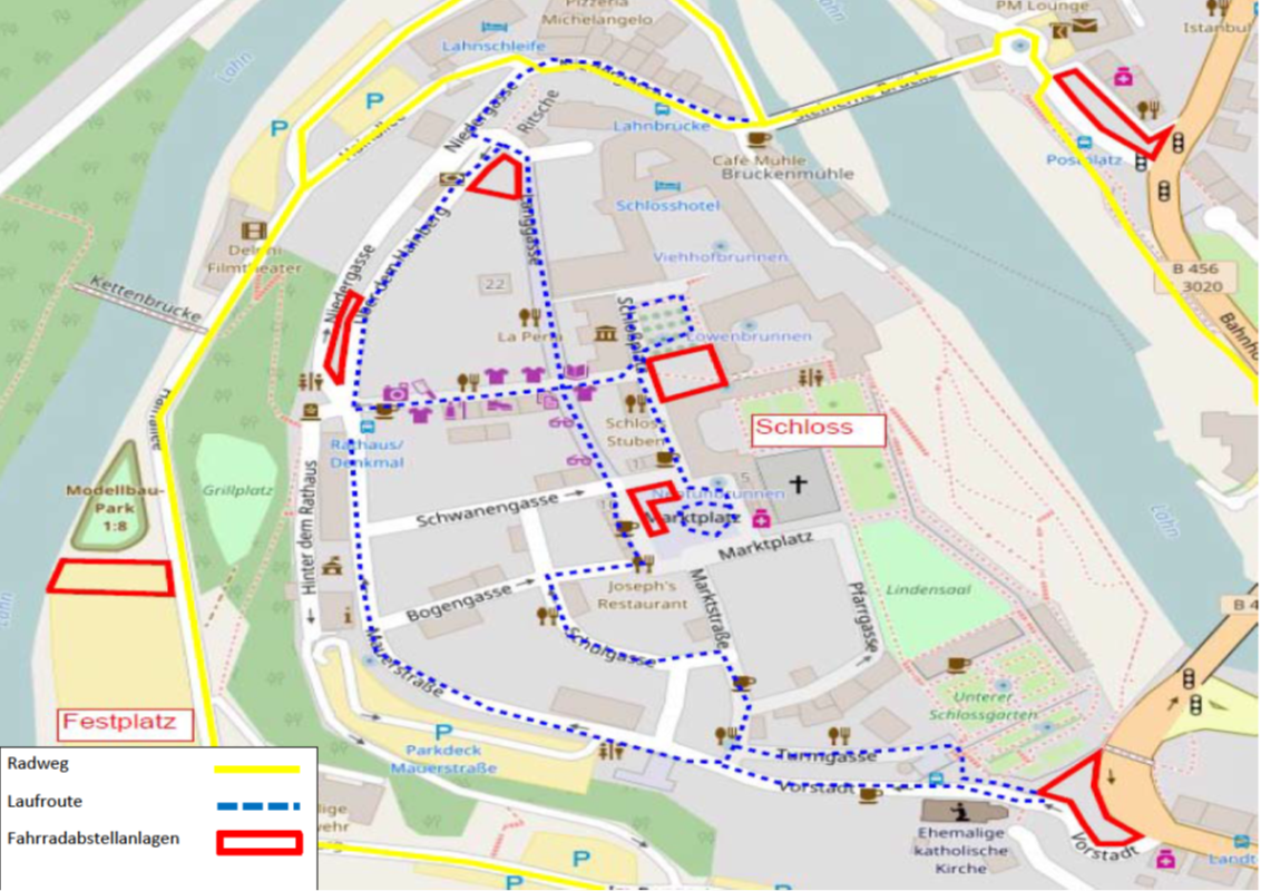 Plan für Fahrradabstellanlagen in Weilburgs Innenstadt Lage von Fahrradabstellanlagen in Weilburg